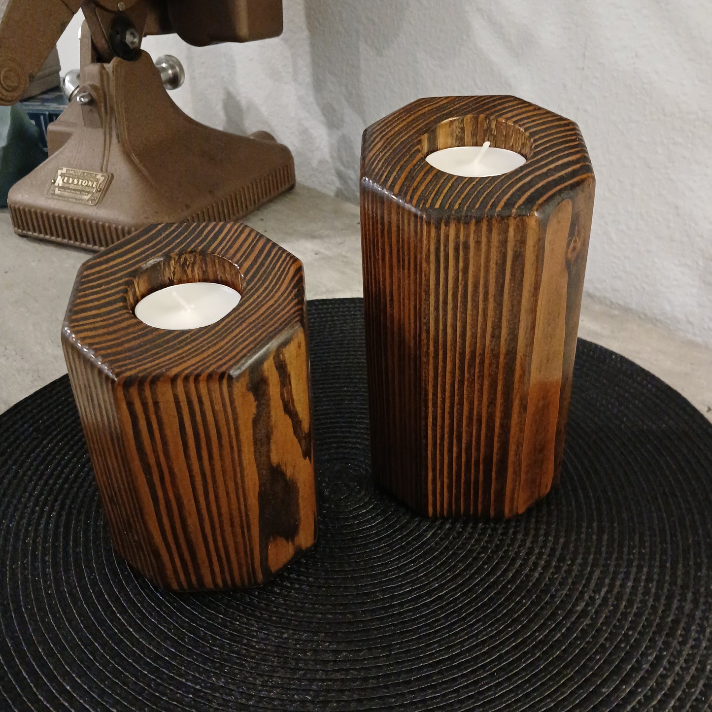 A set of two Wooden, pillar style tealight holders.
wooden tealight holders