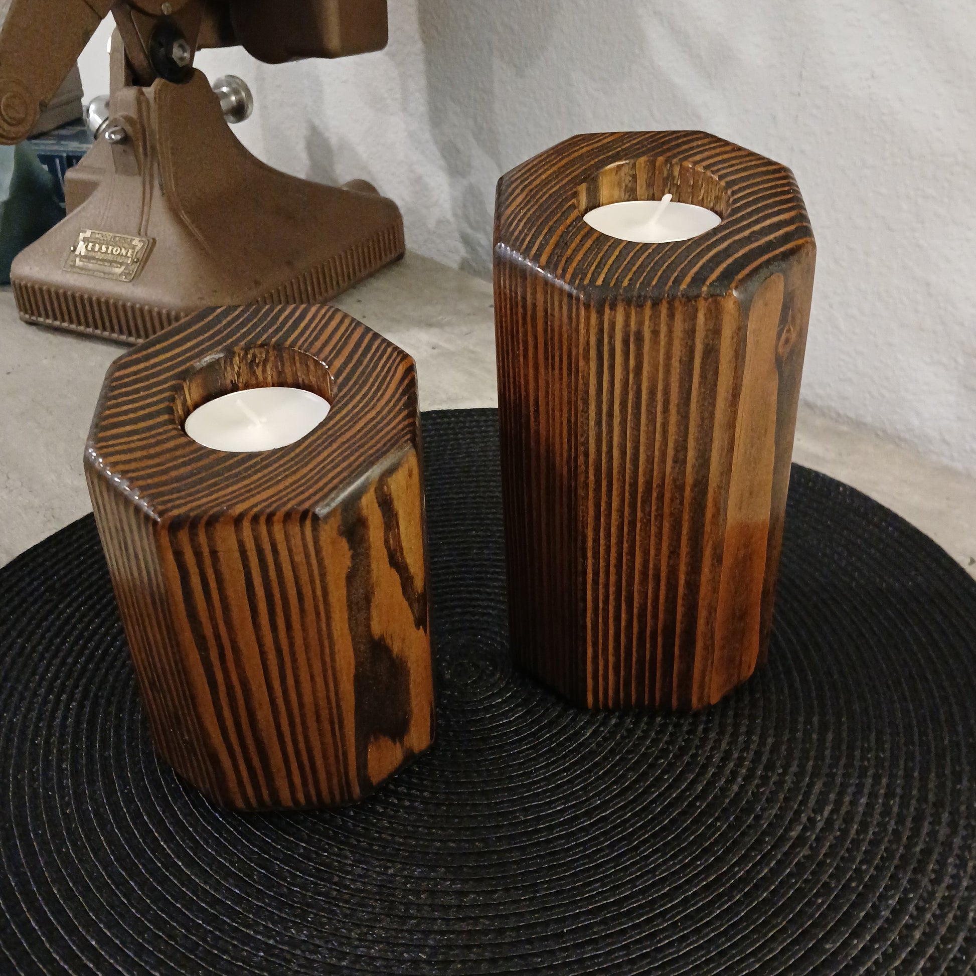 A set of two Wooden, pillar style tealight holders.
wooden tealight holders